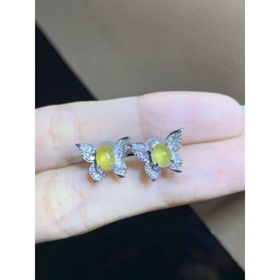 S925 銀鑲冰種黃翡翠蛋面蝴蝶耳釘